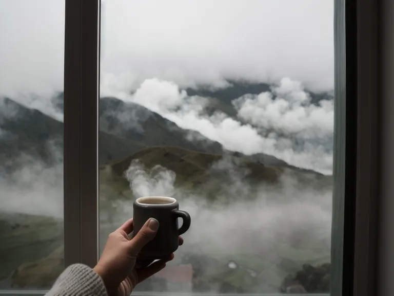Persona con una taza de café mirando la neblina sobre las montañas de Quito durante una pausa de limpieza de aura