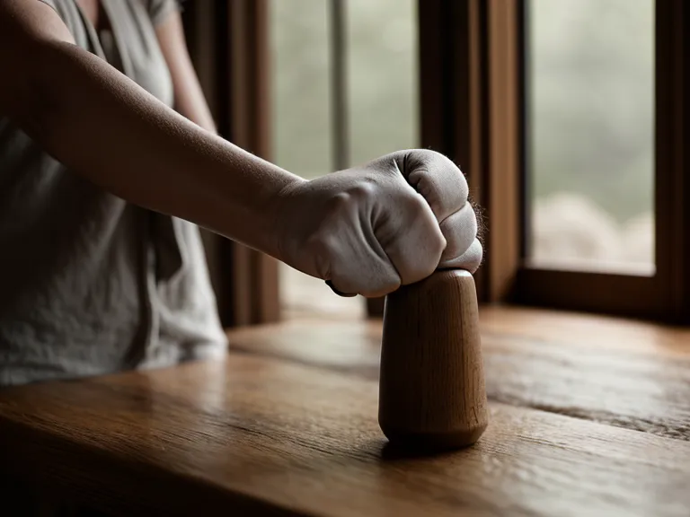 Manos cerradas en puño sobre un escritorio de madera junto a palo santo